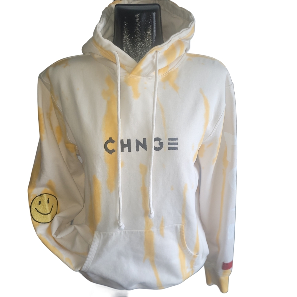 CHNGE Cream and Yellow Tie-Dye Graphic Peace Pullover Organic Cotton Hoodie L
